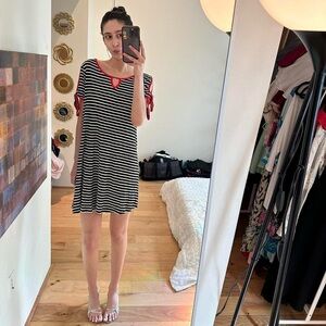 Black and White Striped Dress with Red Details